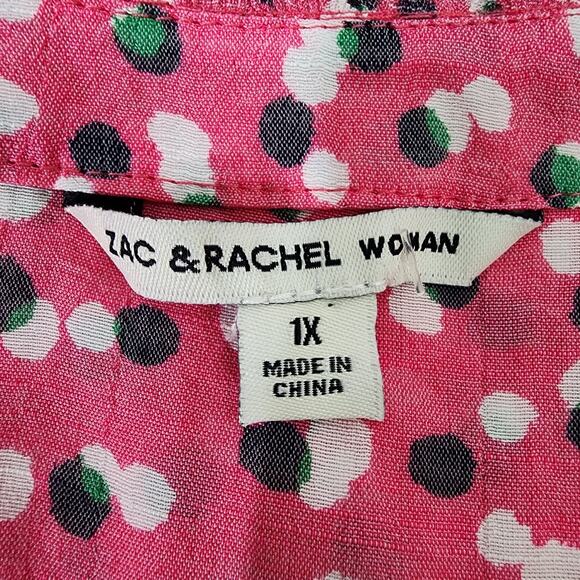 Zac & Rachel Blouse Shirt Women 1X Button Ruffles Long Roll Tab Sleeve Dots Pink - Picture 9 of 11